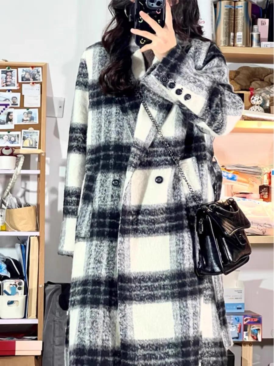 Women s Retro Plaid Wool Coat - Autumn/Winter 2025 Hepburn Style S