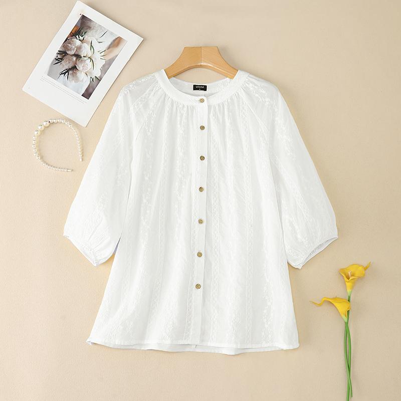 

VONDA Женская повседневная блузка с круглым вырезом, рукавами 3/4, пуговицами спереди, вышивкой, лоскутным узором и свободного кроя M белый