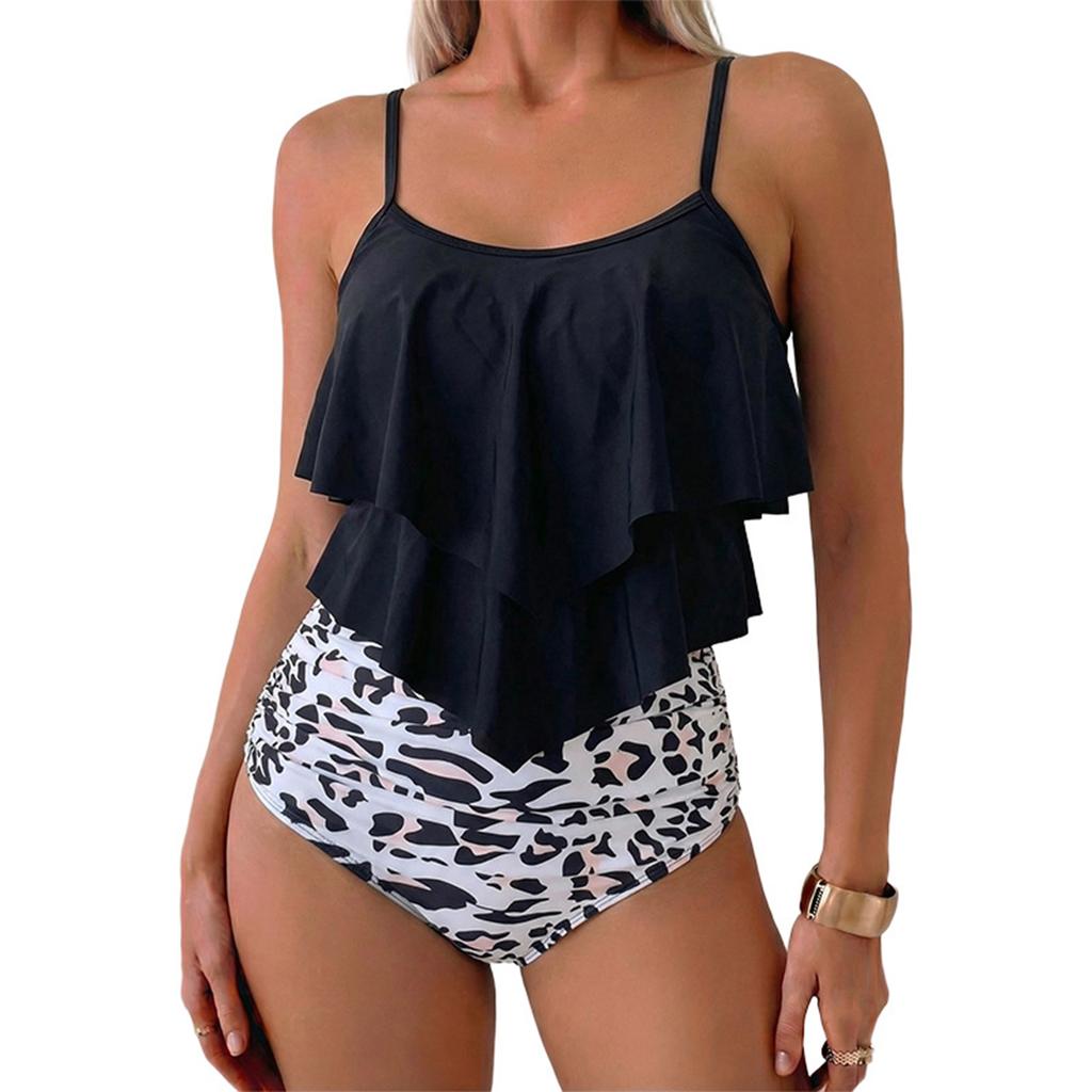 Women’s Two Piece Swimsuit Ruffle Tankini Top with Adjustable Straps and High Waist Floral Printed Bottoms