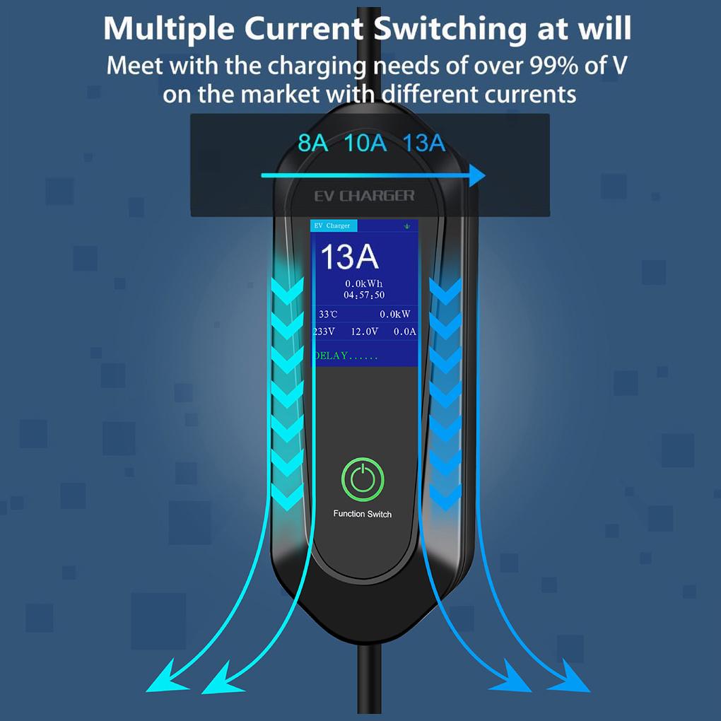 6/8/10/13A EV Charger UK Plug Portable 3.5KW Type 2 EV Charging Cable Wallbox OLED display for Electric Car