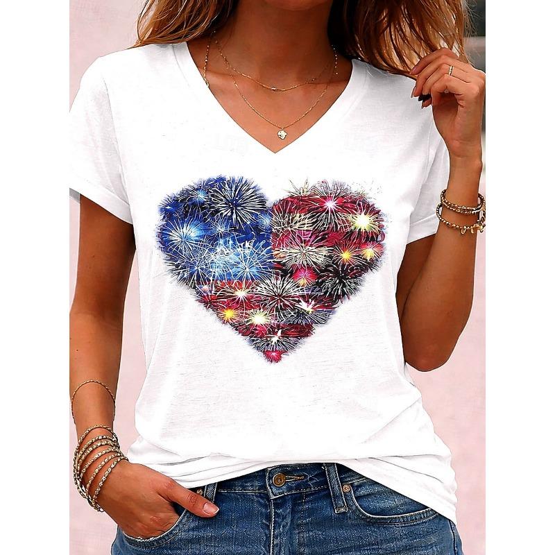 

Patriotic Heart Firework Flag Print Casual T Shirt V Neck Short Sleeve Tee For Women Summer Holiday And Daily Wear XL