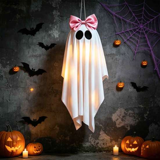 Sweet Cool Style Ghost Pendant Pink Bow Halloween Hanging Decoration, 31.5 Inch Cute Flying Creative Holiday Decor for Front Porch Yard Garden