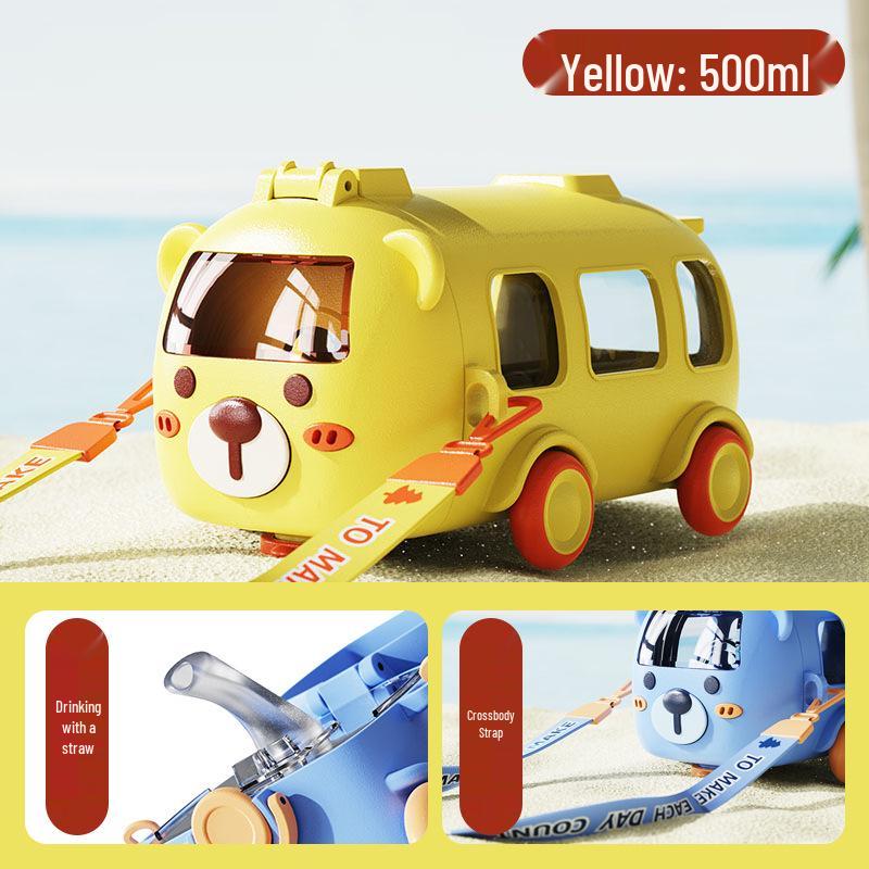 Sommer-Trinkflasche für Kinder mit Auto-Motiv, Strohhalm und Schultergurt