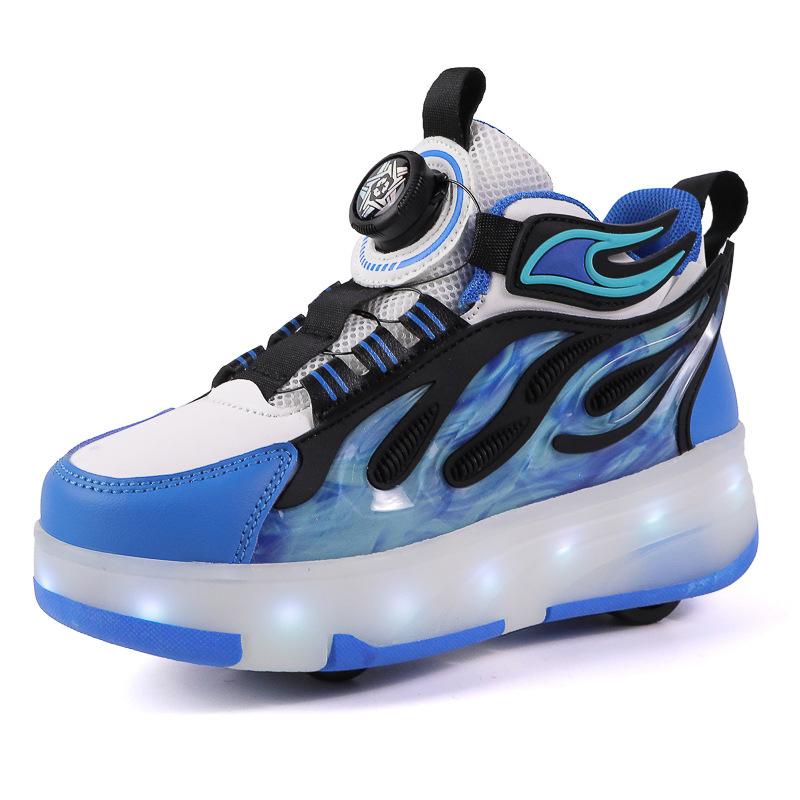 2025 Spring and Autumn New Children's Charging Light Shoes Sports Skates Runaway Shoes Four-wheel Pulley Shoes Button Sports Shoes