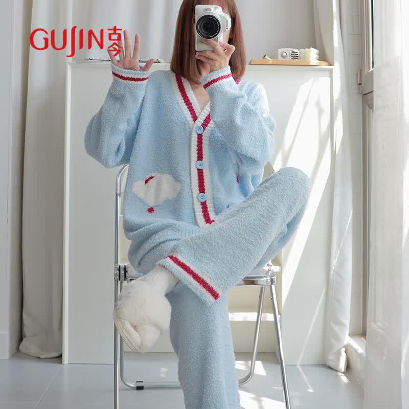 GUJIN Women s Plush Coral Fleece Cardigan Pajama Set One Size