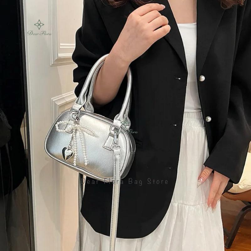 Cute Trendy Women'S Mini Shoulder Bag Fashion Pu Leather Bow Female Crossbody Bag Elegant Silver Party Handbag Sweet Small Purse