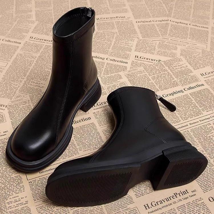 

Зимние женские ботильоны на низком каблуке с круглым носком, квадратные модные ботинки из искусственной кожи, однотонные, с застежкой-молнией сзади, повседневные простые женские туфли 38 чёрный