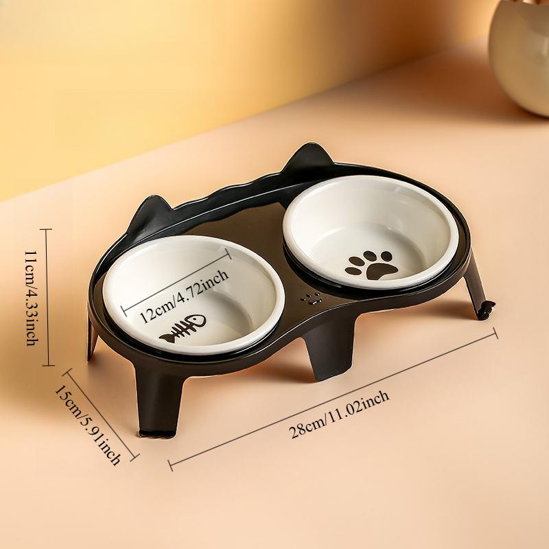 Kitten Double Ceramic Feeder Bowl Pet Water and Food Bowl Dish with Wood Stand No Spill Pet Ceramic Double Bowl for Dog Cat