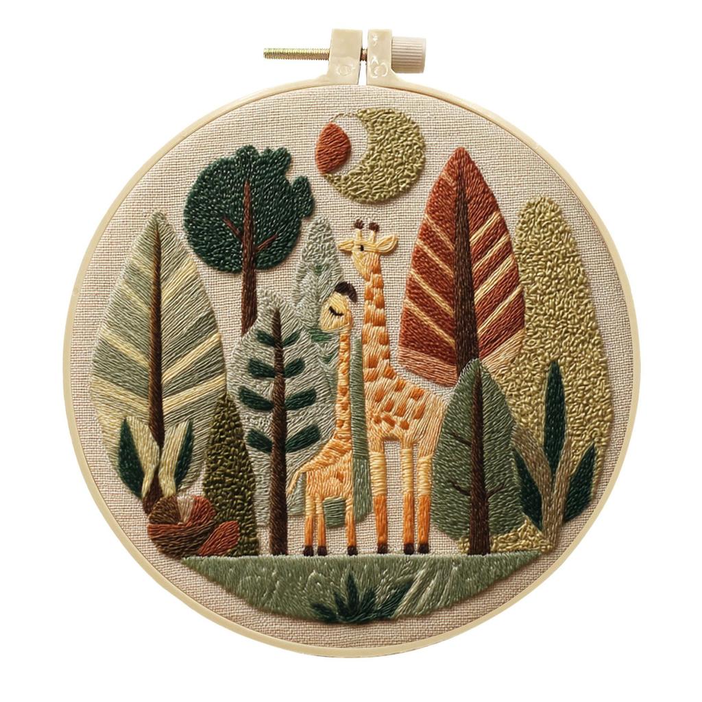 1pc Giraffe and Green Plant Pattern DIY Embroidery Kit for Beginners