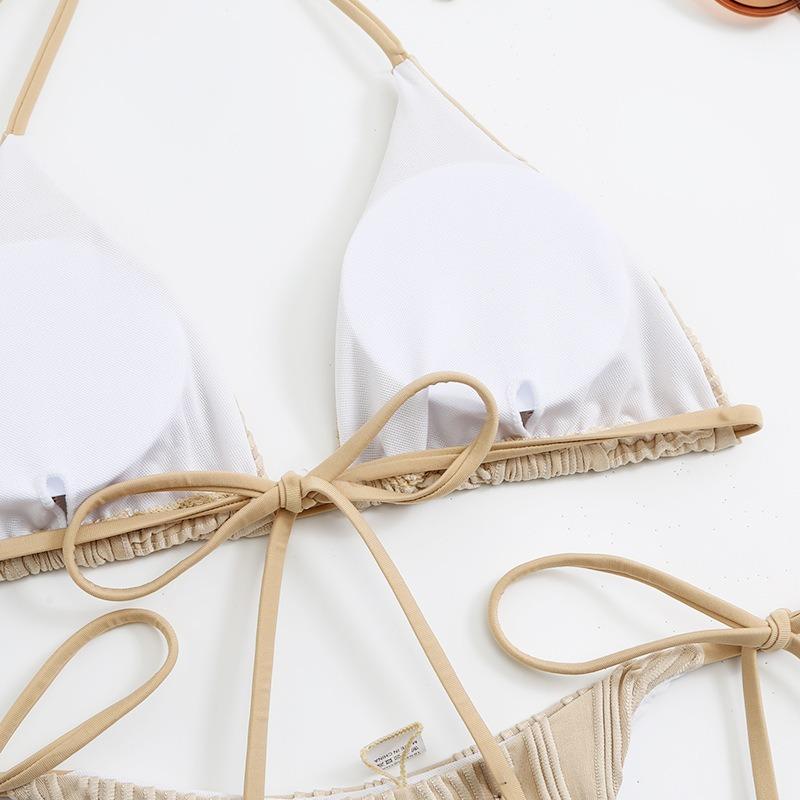 Women's White Ribbed Triangle Bikini Set Tie Side High Cut Thong Swimwear