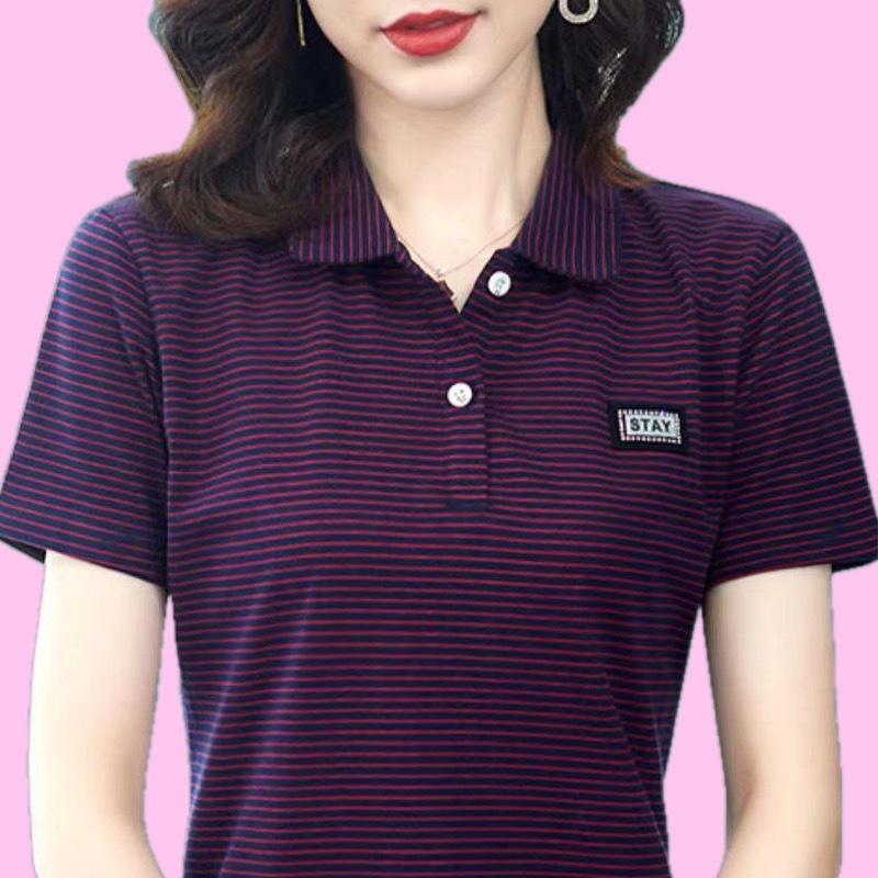 Lapel Polo Shirt New Summer Striped Short-sleeved T-shirt Women's Large Size Loose Casual Sports Top