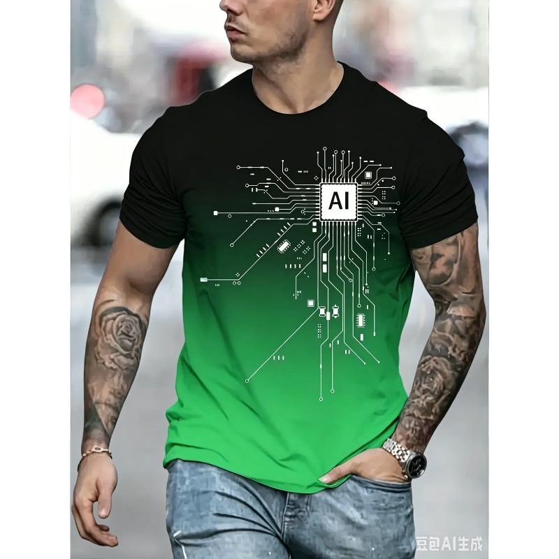 2026 New Men's AI Circuit Board Print T-shirt Gradient Crew Neck Short Sleeve Casual Tee for Streetwear Summer Breathable Tops