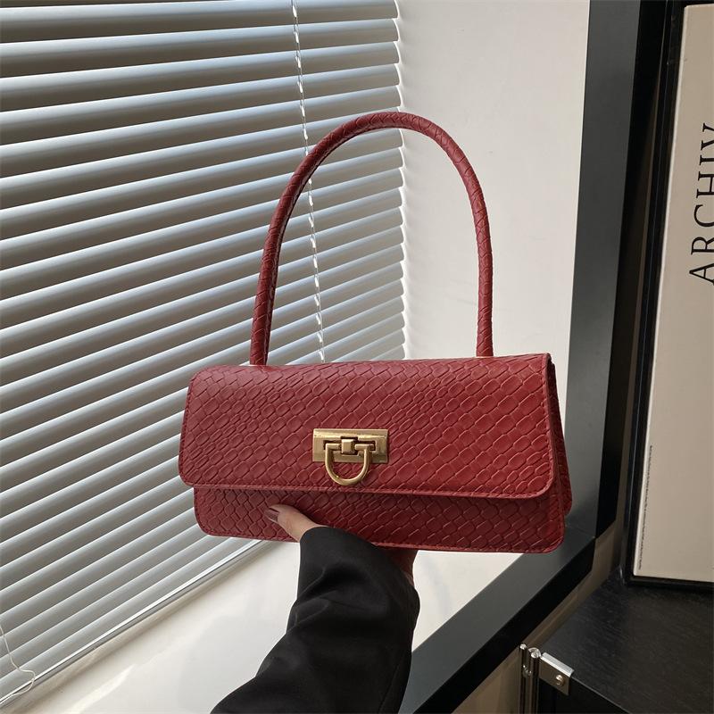 Niche Solid Color Bag Women's 2025 New Trendy Fashion Crocodile Pattern Shoulder Underarm Bag Versatile Portable Baguette Bag