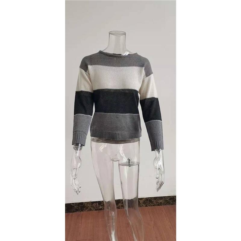 Women's Autumn And Winter Long Sleeved Striped Fur Round Neck Knitted Pullover Top Sweater