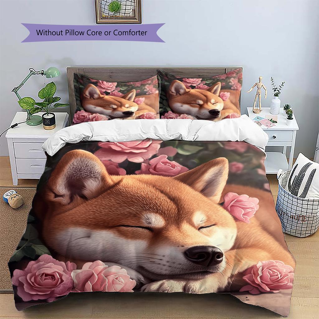 Shiba Inu and Rose Pattern Bedding Home Decoration Birthday Gift (1 * duvet cover + 2 * pillowcase, without core)