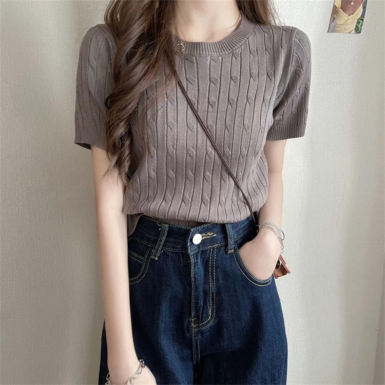 

Vintage Crew Neck Short Sleeve T-Shirt Knitted Sweater Women s Thin Summer Design Slim Fit Short Student Top One size fits all (recommended 80 to 64kg ) серый