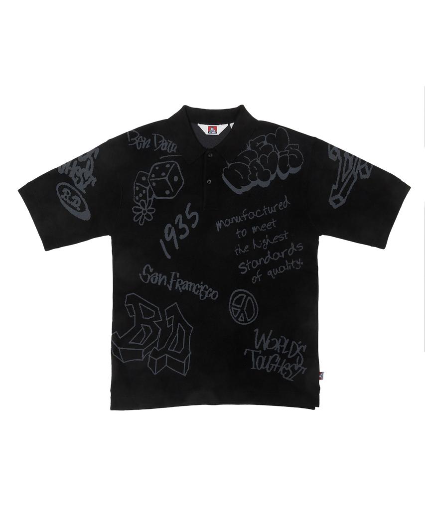 BEN DAVIS White Label Scribble Knit Polo Black