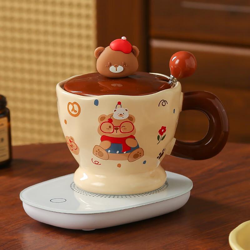 Cute Bear Ceramic Mug with Lid, Spoon & Warming Pad