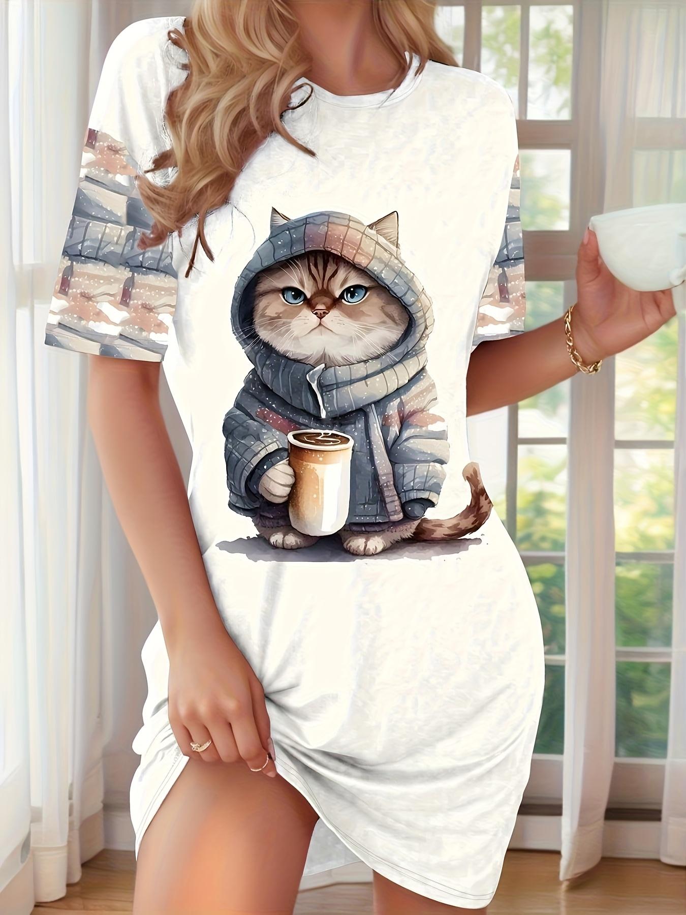 

A New Stylish Casual Short-Sleeve Round-Neck T-Shirt Nightgown for Women Featuring a Cute Cat And Coffee Cup Print. Perfect As a Holiday Gift. Comfort M дубильна кора