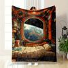 Space Ship Interior Blanket Earth View from Window SciFi Spacecraft Design Soft Flannel Throw for Home Decor Cozy Gift Idea