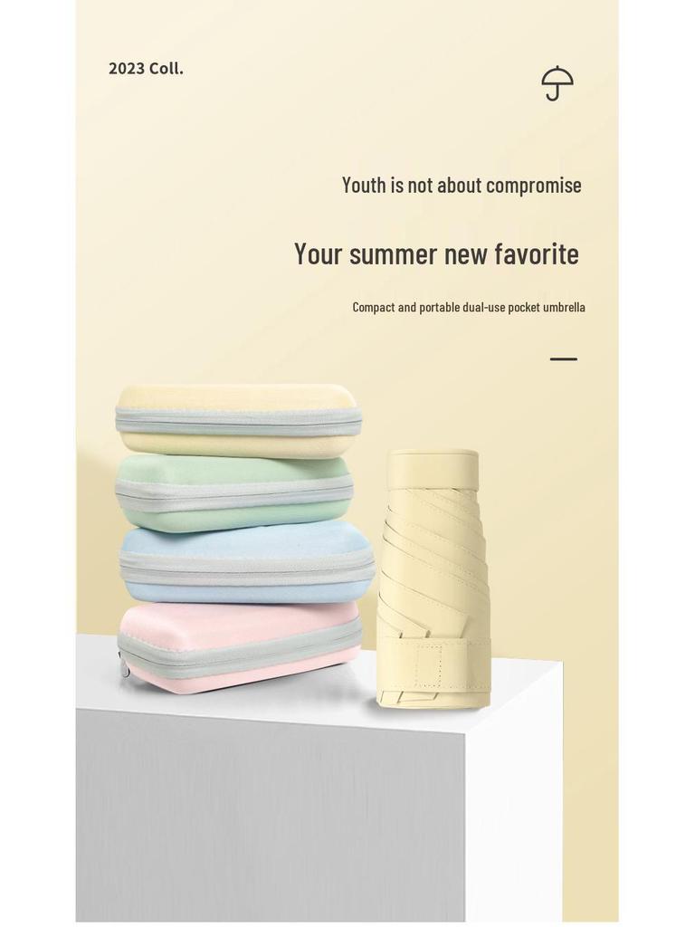 Compact Ultra-Light Six-Fold Capsule Umbrella with Black Glue Sun Protection and Hook