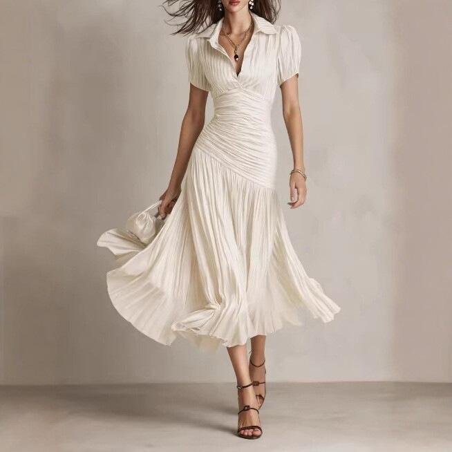 European and American new hot-selling retro striped satin pleated dress