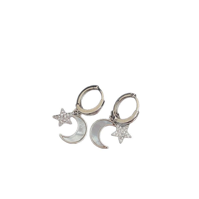 Elegant French Zircon Mother-of-Pearl Star & Moon Ear Cuffs for Women - Fashionable, High-End, Versatile Earrings.