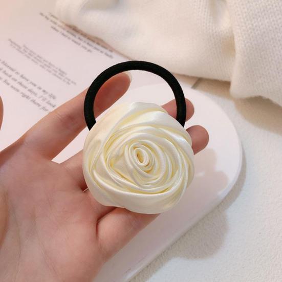 Hair Tie French Style Glossy Satin Rose Flower Decor Handcrafted 3D Petal Design Hair Rope Soft Smooth Fabric Hair Accessory