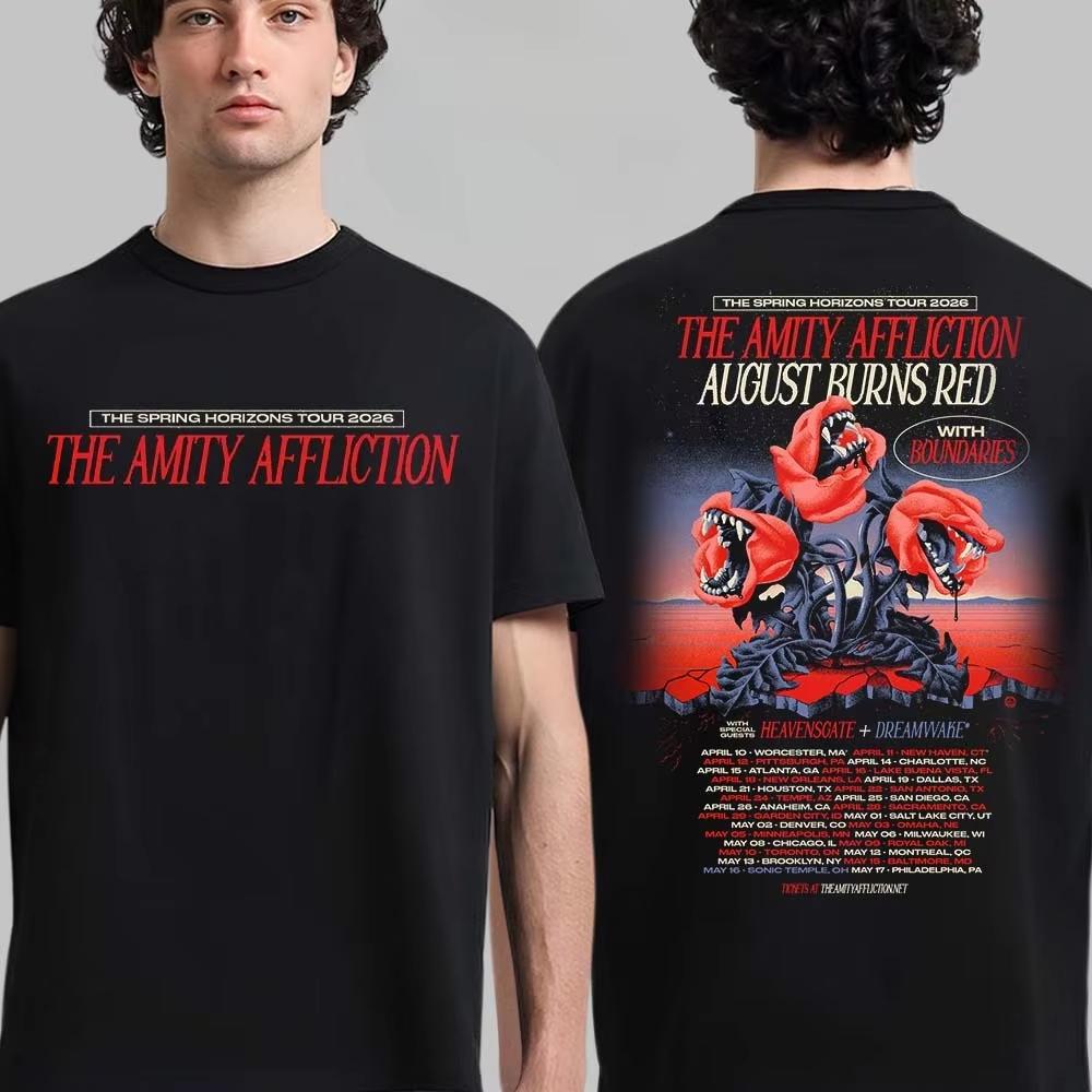 The Amity Affliction Monster Rose Print Tee Spring Horizons Tour Metalcore Streetwear Casual Unisex With Dates