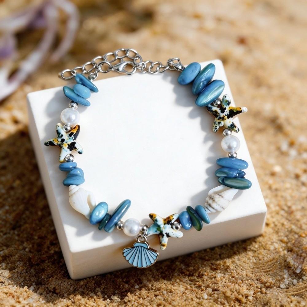 Vintage Ocean Sea Series Shell Starfish Bracelet Pearl Colorful Beach Beads Bracelet Wristband Adjustable Summer Bangle Vacation