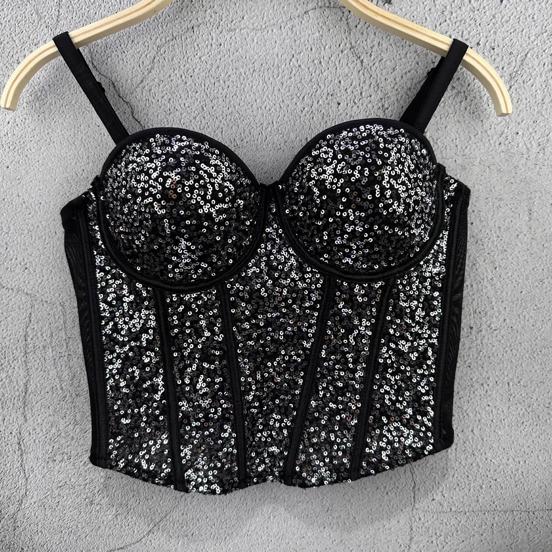 

Топ без бретелей з паєтками у стилі Pure Desire Риб ячий скелет , короткий, сексуальний, облягаючий, на кісточках, для жінок, що підкреслює талію, весняно-літній, майки та топи 36/80 срібний