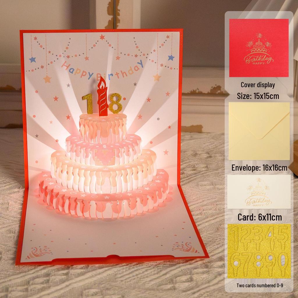 3D Pop-Up Geburtstags-Soundkarte mit Aufnahme-Licht - Kuchen-Design für Freund/Freundin Geschenk