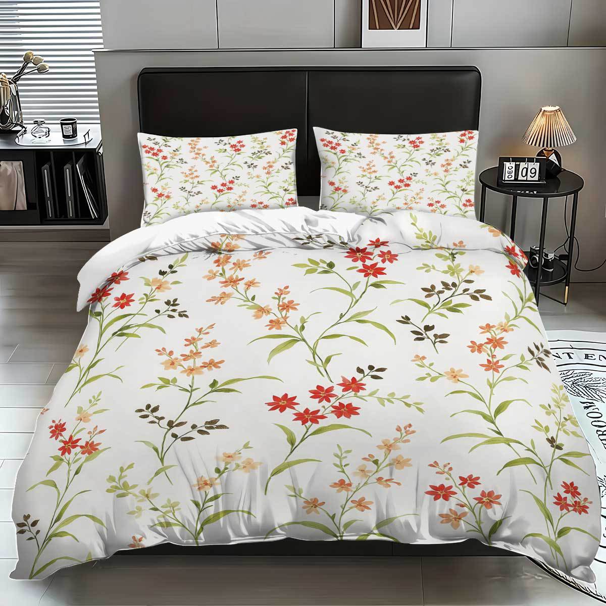 

Safflower Green Leaf Quilt Cover Three-Piece Small Fresh Quilt Cover Pillowcase Digital Printing Bed Kit 135x200