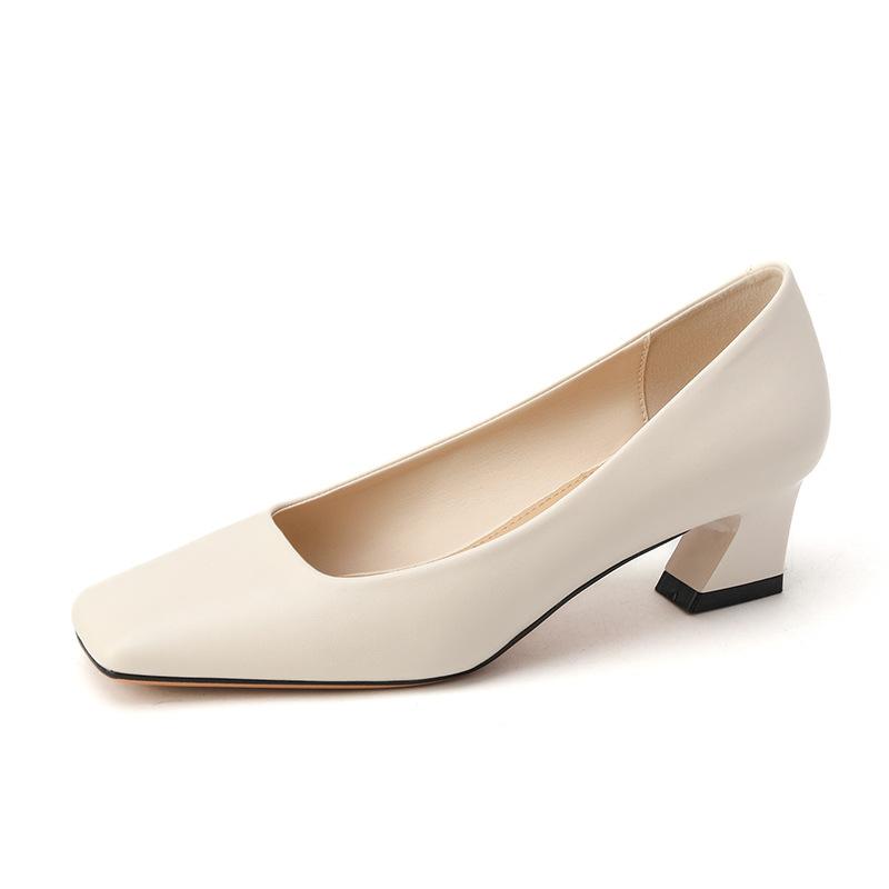 

8 туфли с квадратным носком и толстым каблуком, женские новые туфли на среднем каблуке с мелким вырезом, нишевые профессиональные рабочие туфли 39 покинуть белый