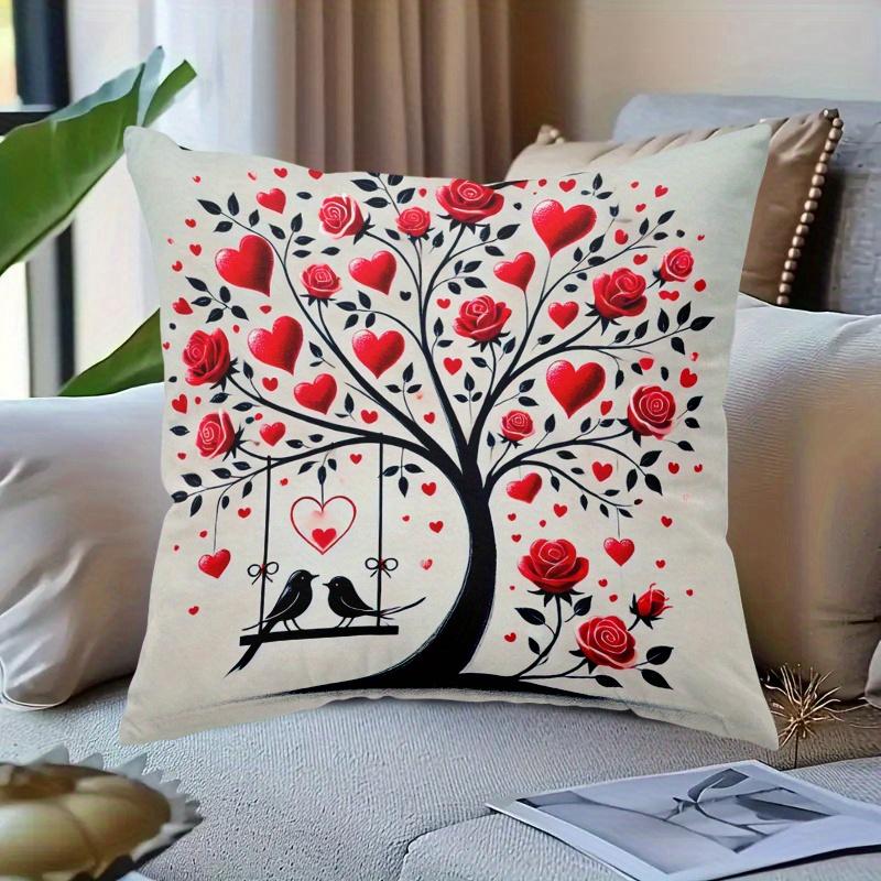 1pc Valentine's Day Heart Tree Decorative Cushion Cover - Red & Black Romantic Heart & Rose Pattern with Golden Swans