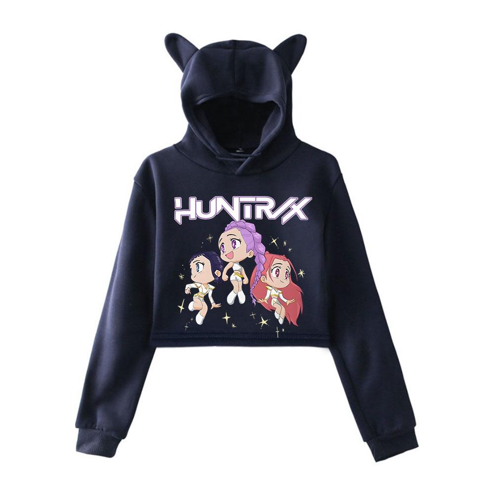 KPop Demon Hunters Tegneserieprintet Hettegenser med Katteører Dame Langermet Cropped Sweatshirts Kvinnelig Casual Streetwear Cropped Topper