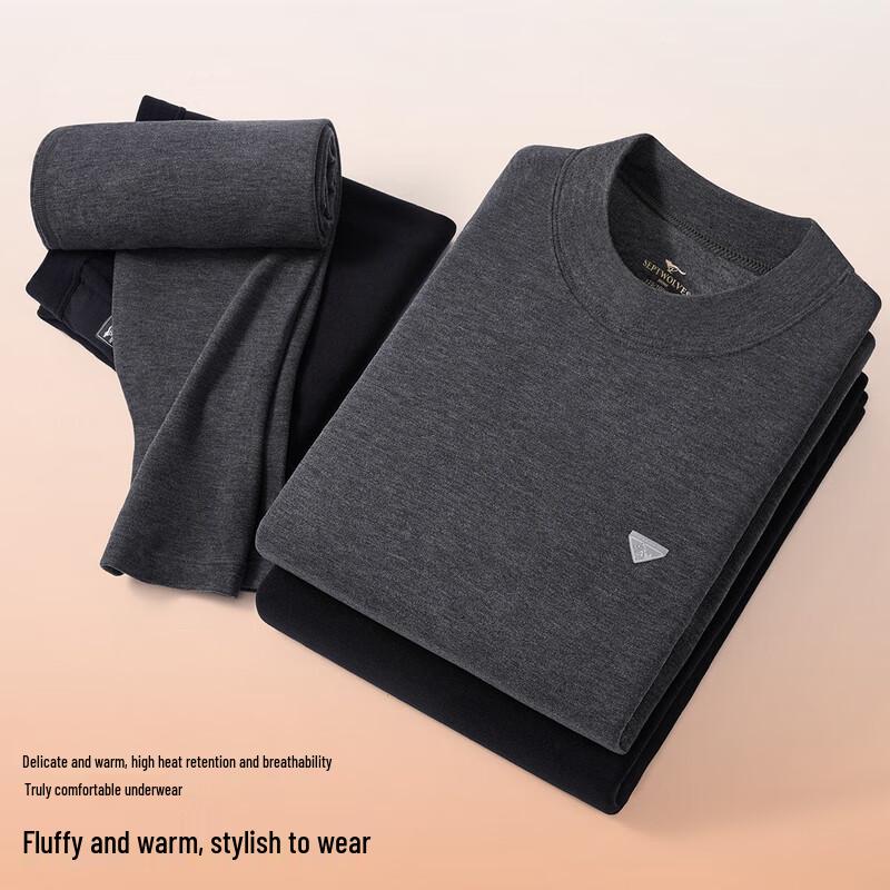 Septwolves Men's Mid-Neck Thickened Fleece Thermal Underwear Set
