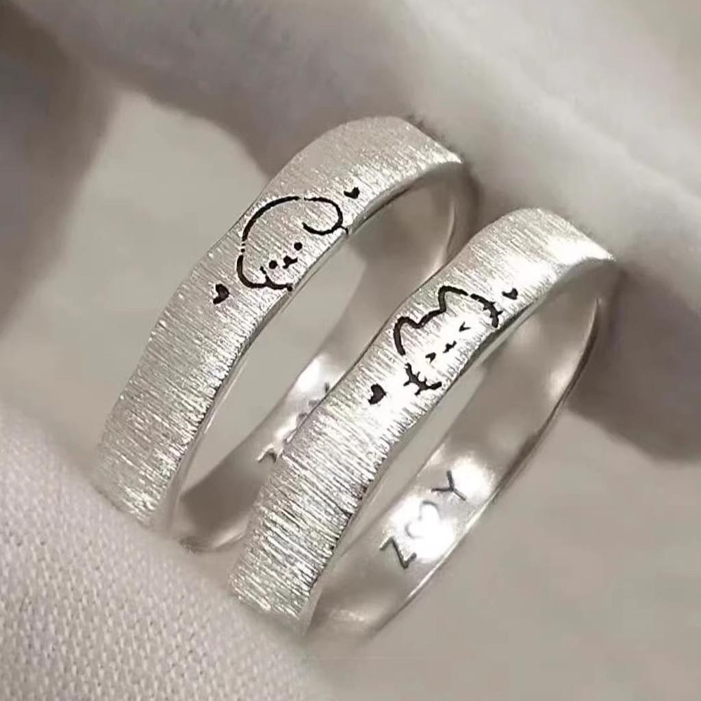 Brushed Puppy Cat Silver Plated Couple Ring Men's and Women's Love Confession Ring Couple Ring Gift