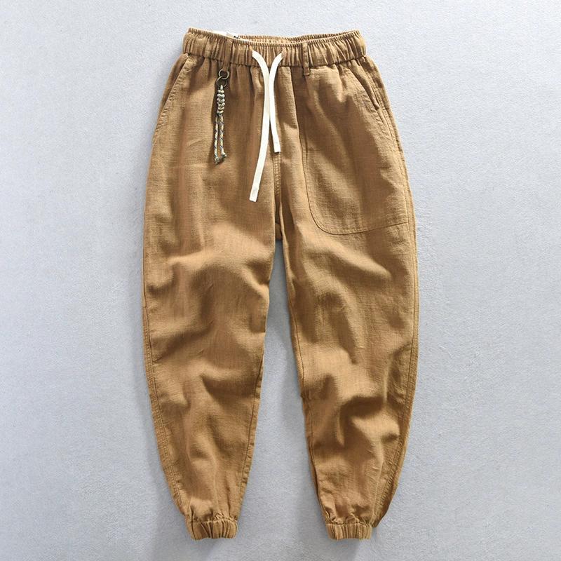 Men's Summer Thin Section of Solid Color Cotton and Linen Casual Pants Youth Loose Non-elastic Mid-waist Pants