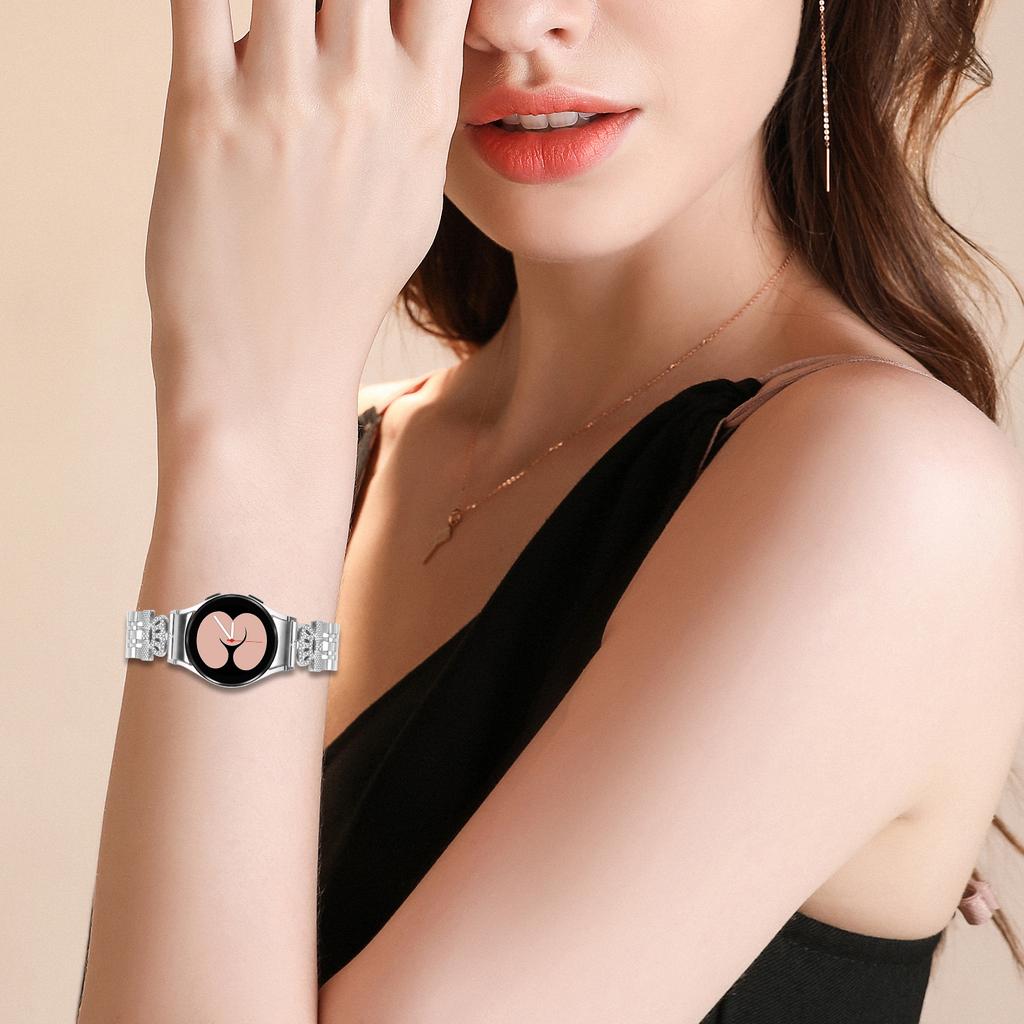 Watch Band with Connector For Samsung Galaxy Watch6 Classic 47mm/43mm/Watch6 44mm/40mm 7-Bead Rhinestone Crown Stainless Steel Strap Silver