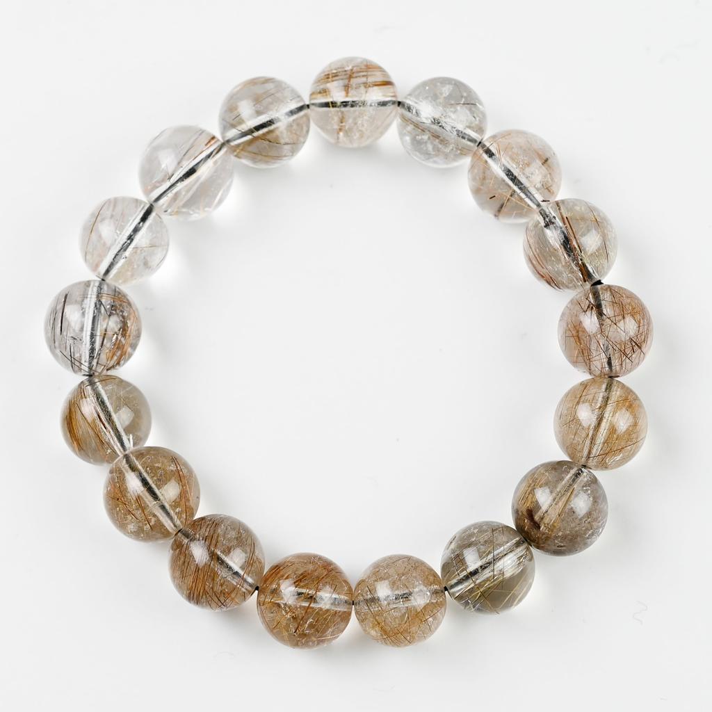 Eigado Mixed Rutilated Quartz 17 Inner Natural Power Good Fortune Bracelet, Beads, 12mm, Diameter Approx. 16cm, Stone, Stone, Luck, Amulet,