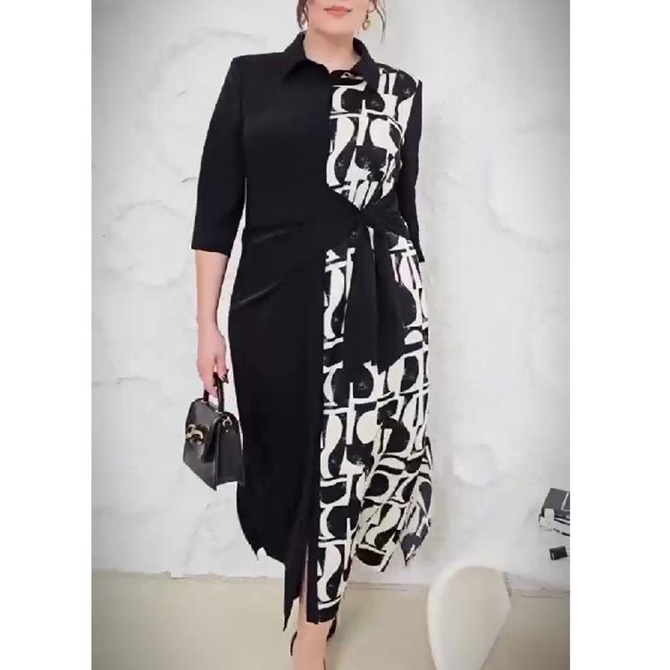 2024 European & American Women's Spring/Summer Fashion Print Lapel Cardigan Dress