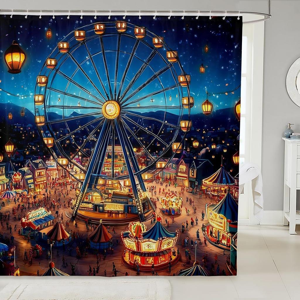 Cartoon Circus Bathroom Curtains Happy Holiday Shower Curtain Sets for Kids Boys Girls Funny Ferris Wheel Shower Curtain Funny