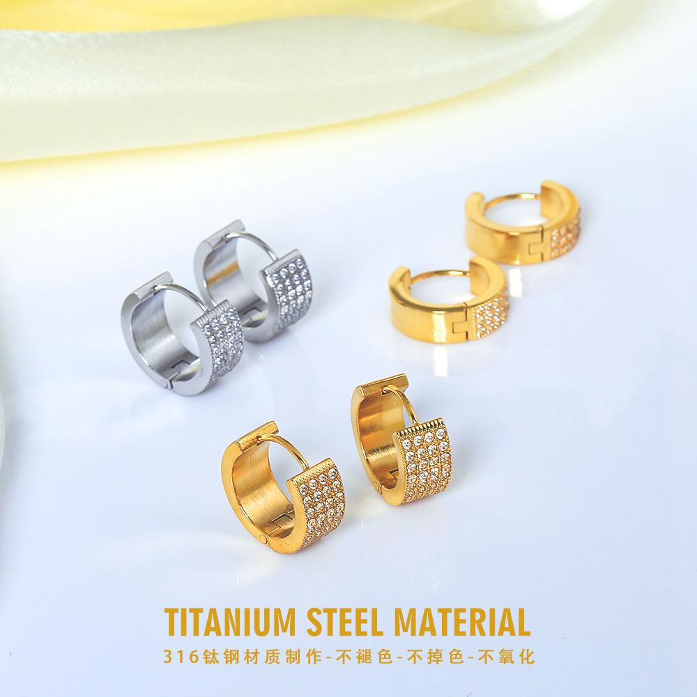 Titanium Steel Gold Double C Full Diamond Zircon Earrings Women's Stainless Steel Earrings Geometric Earrings Light Luxury Premium Earrings