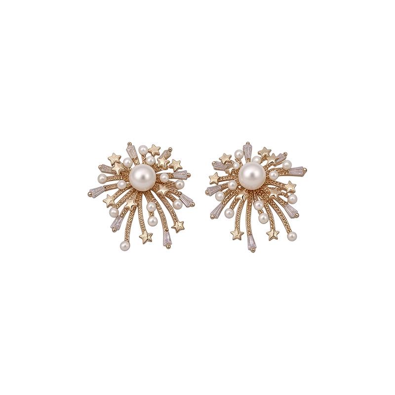 18k Gold-Plated Zircon Pearl Fireworks Stud Earrings – Elegant Luxury Design
