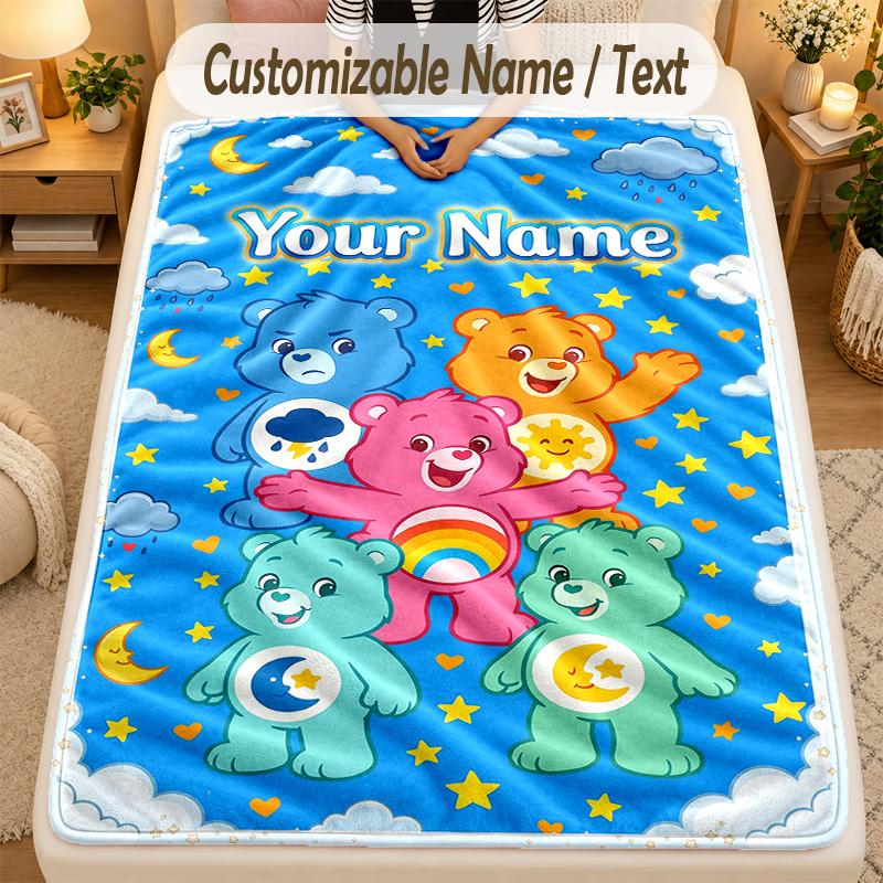 Flannel BlanketCare Bears Custom Name Text Personalized Soft Warm Throw Blanket Home Decor Gift