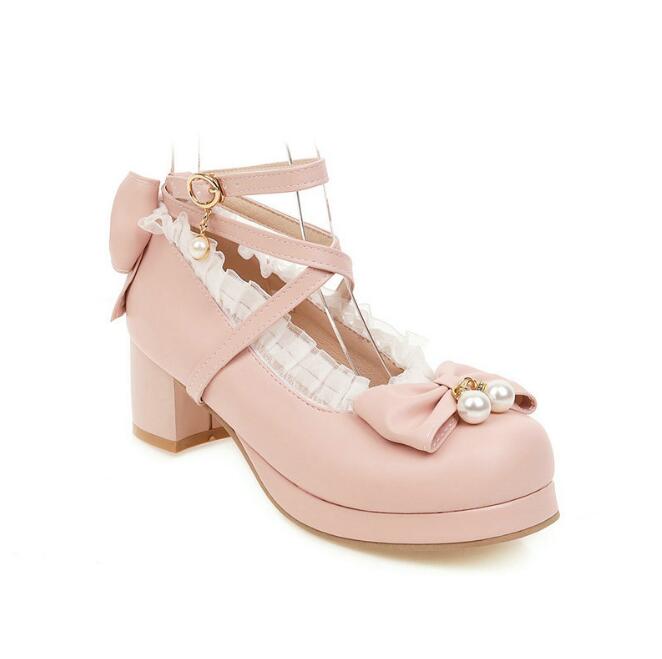 Girls High Heel Shoes Lolita Ruffles Bowknot Lace Wedding Shoes Women High Heel Princess Dress Party Shoes Plus Size 30-46