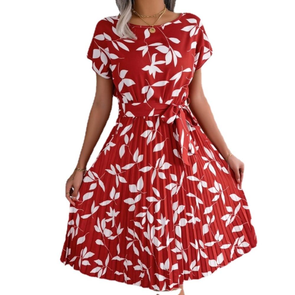 GMXIA Dámské letní jarní módní květinové kulaté výstřihy s vysokým rukávem a potiskem v pase, koktejlové a večerní šaty