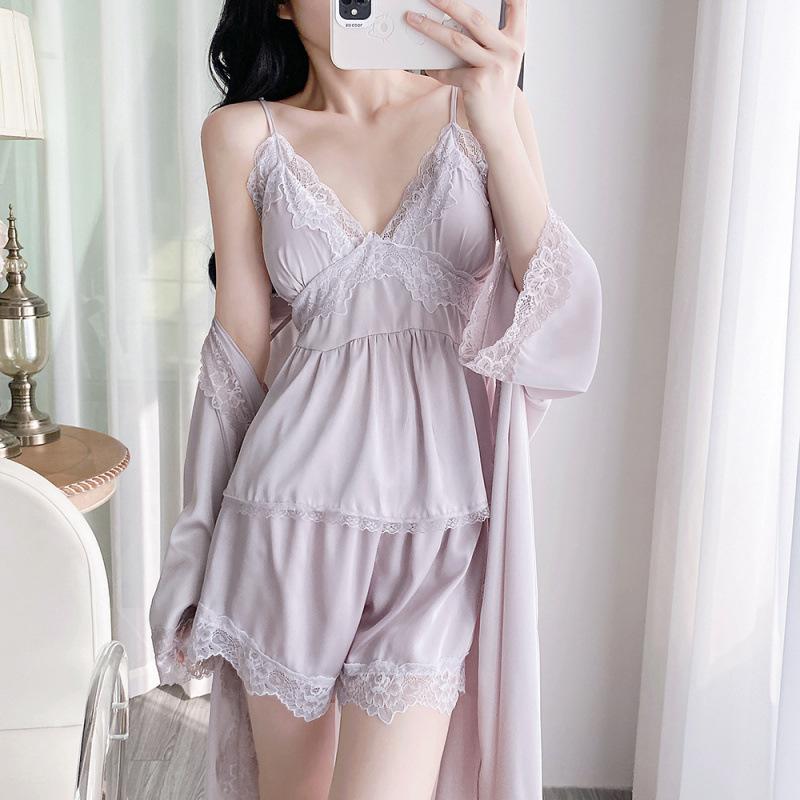 1011 spring, summer and autumn new ice silk sexy pajamas women's pure desire lace high waist and thin hanging skirt with chest pad nightgown