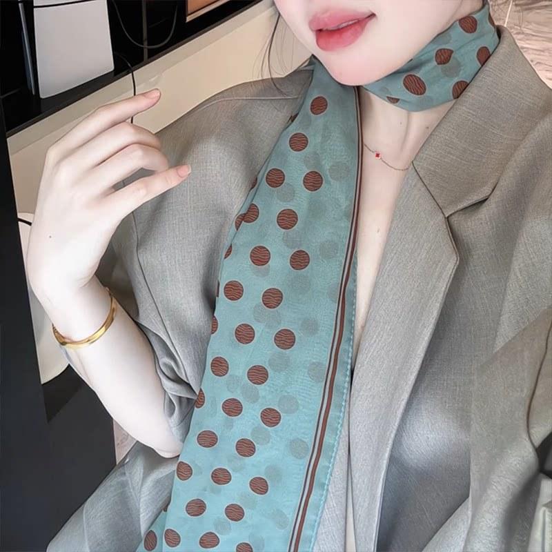 Retro polka dot thin silk silk scarf women's new high-end green neck scarf headband decorative belt